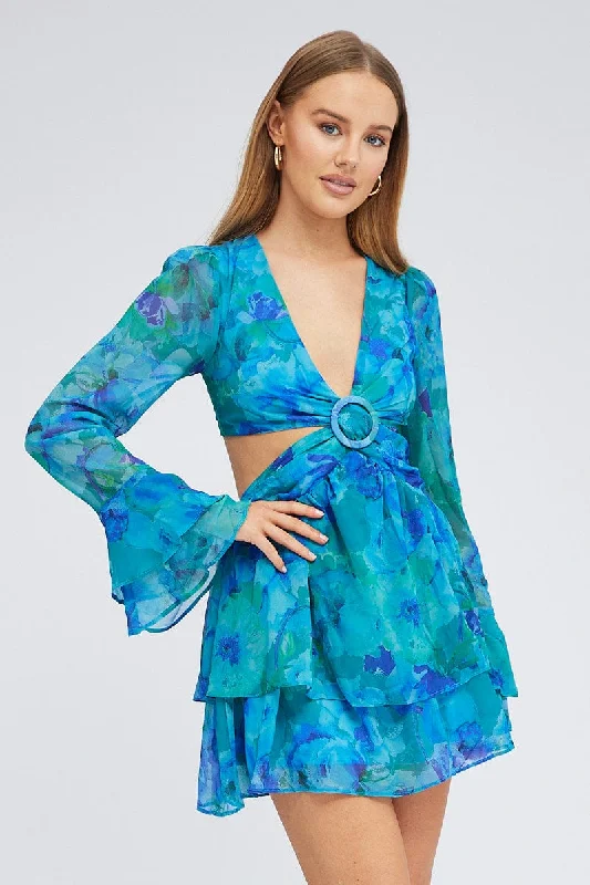 Long chiffon dress-Blue Floral Dress Balloon Sleeve Lace Up Back Ring Chiffon