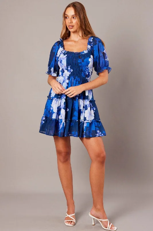 Tiered skater dress-Blue Floral Fit And Flare Dress Puff Sleeve