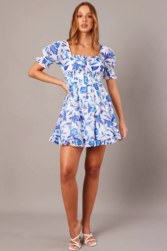 Smocked party dress-Blue Floral Fit And Flare Dress Puff Sleeve