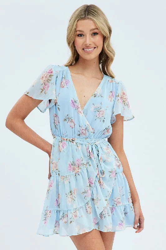 Fringe skater dress-Blue Floral Fit And Flare Dress Short Sleeve Wrap Chiffon