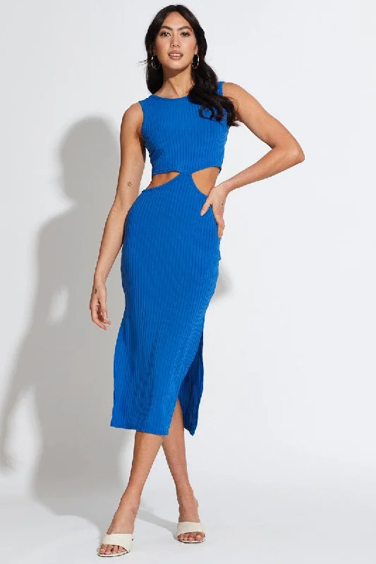 Fringe party dress-Blue Midi Dress Knot Front