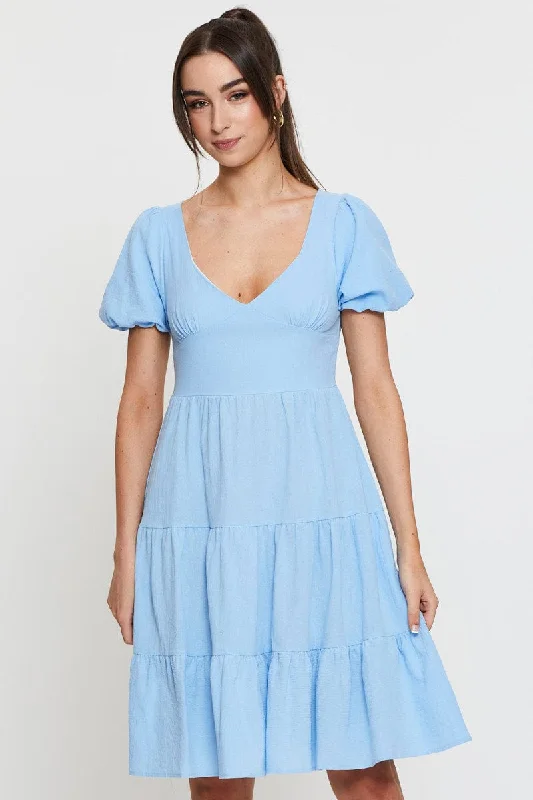 Ruched party dress-Blue Midi Dress Short Sleeve V Neck