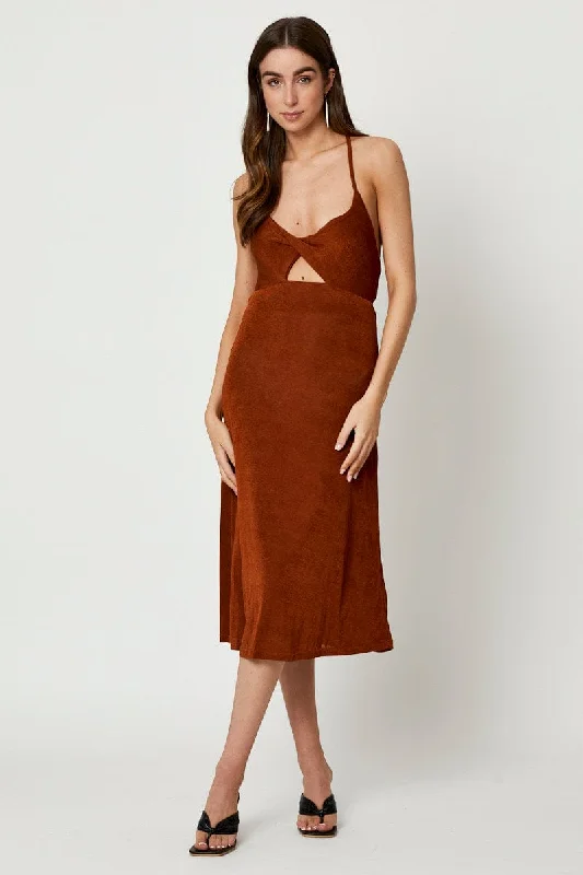 Strapless satin dress-Brown Cut Out Slip Dress