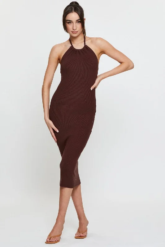 One-shoulder party dress-Brown Knit Dress Midi Halter Neck