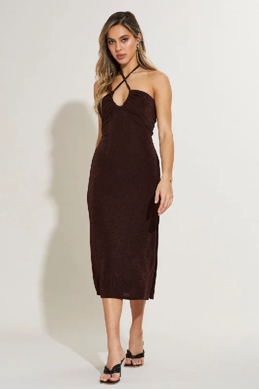 Ruffled skater dress-Brown Midi Dress Keyhole