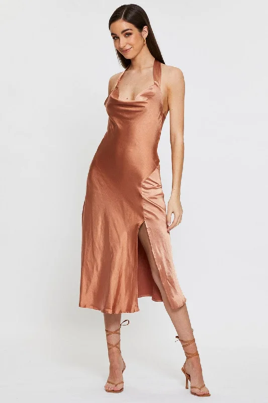 Halter neck party dress-Brown Slip Dress Midi Satin