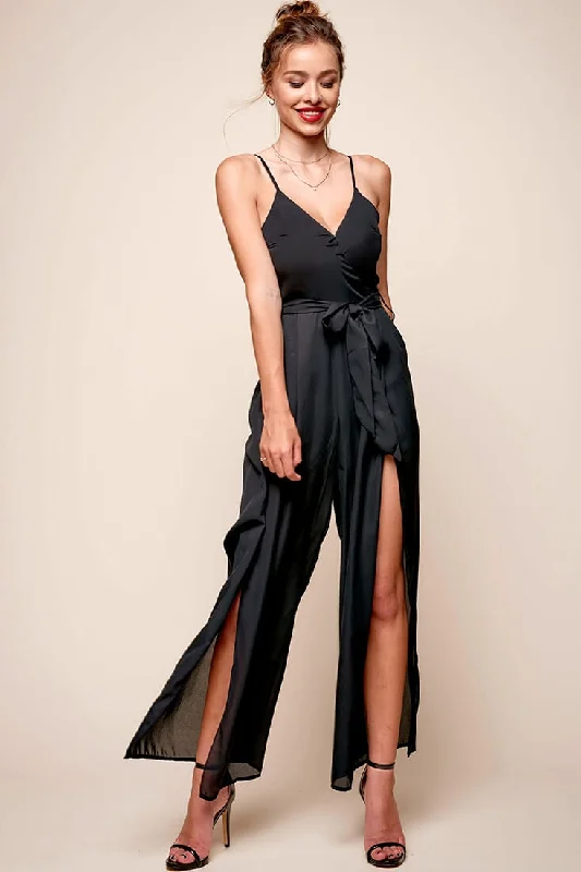 Fuzzy knit dress-Carrie High Slit Chiffon Jumpsuit Black