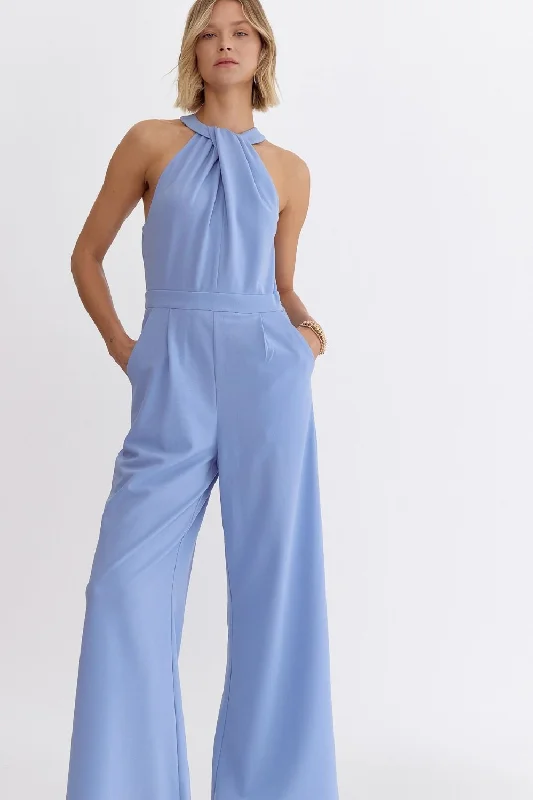 Halter neck party dress-Dream Big Chambray Halter Jumpsuit