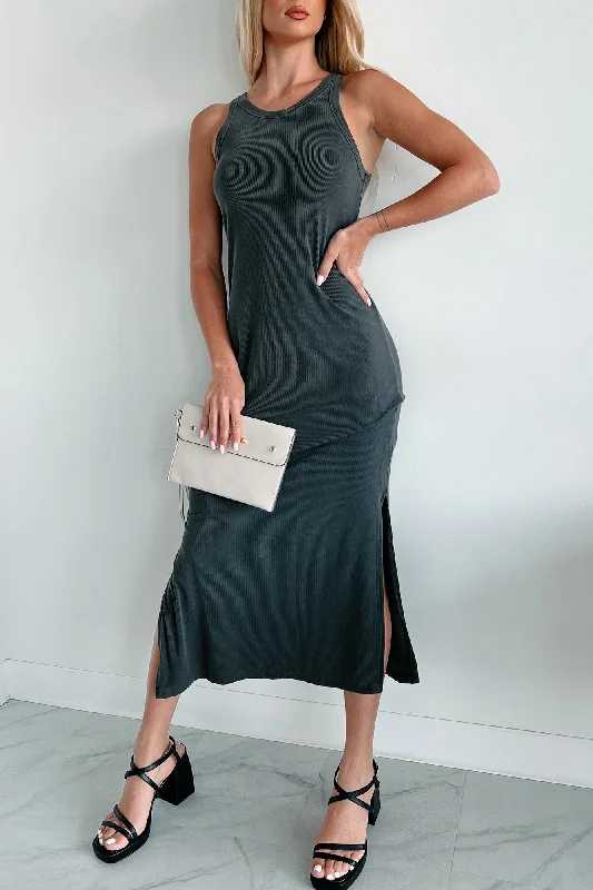 Satin party dress-Chances Are Ribbed Tank Midi Dress (Charcoal)