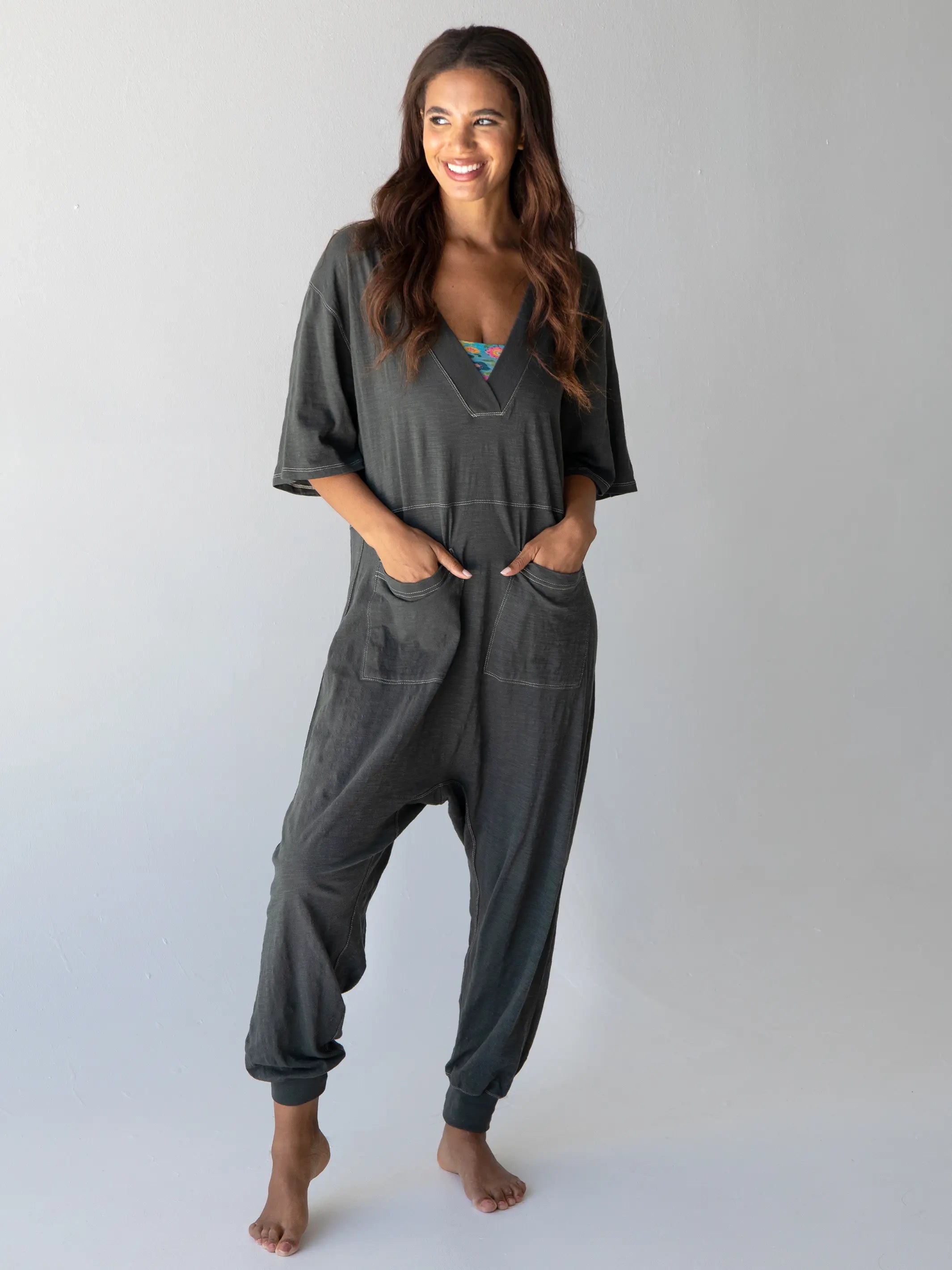 Long chiffon dress-Charlie Cotton V-Neck Jumpsuit - Charcoal