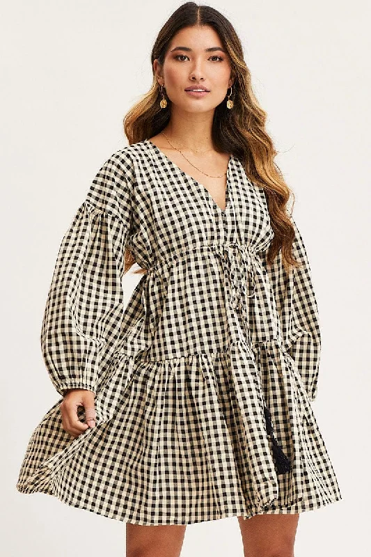 Polka dot skater dress-Check Dress Long Sleeve Midi