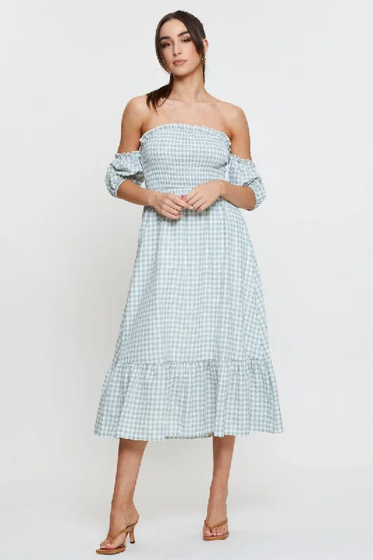 Off-shoulder party dress-Check Midi Dress Off Shoulder Short Sleeve