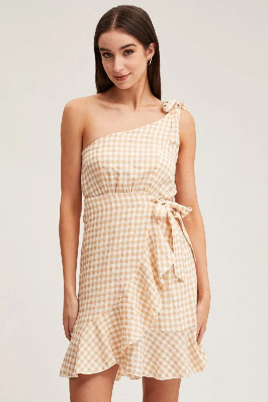 V-neck skater dress-Check Wrap Dress One Shoulder Sleeveless