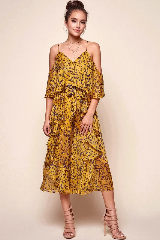 Peplum sundress-Constance Flowy Summer Jumpsuit Yellow Mustard