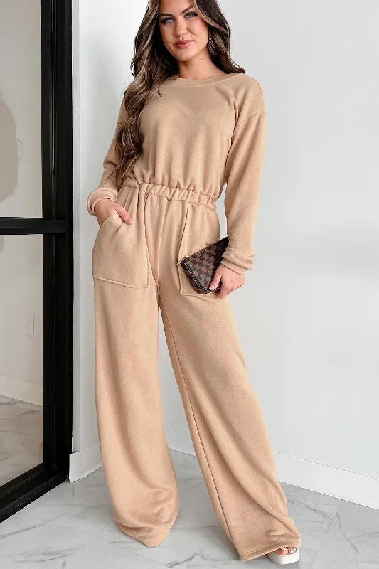 Fringe party dress-Cozy Refuge Long Sleeve Wide Leg Jumpsuit (Taupe)