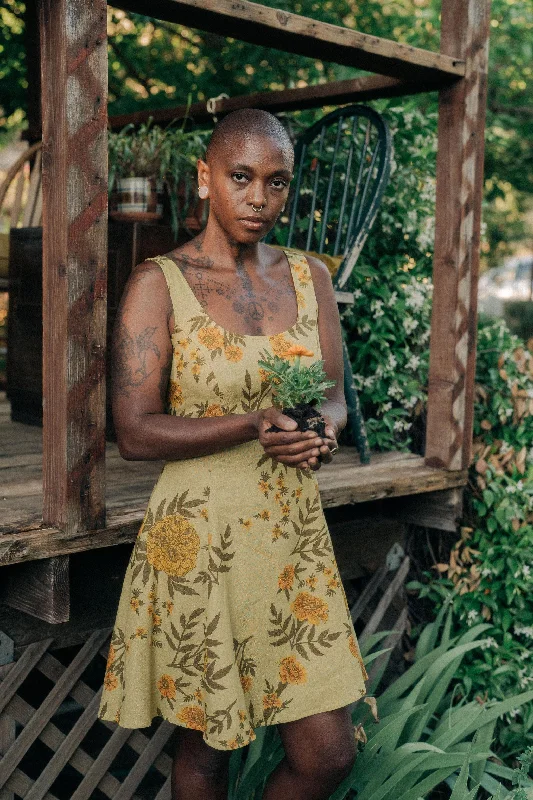 Polka dot evening dress-Delana Dress in Mustard Marigold Linen