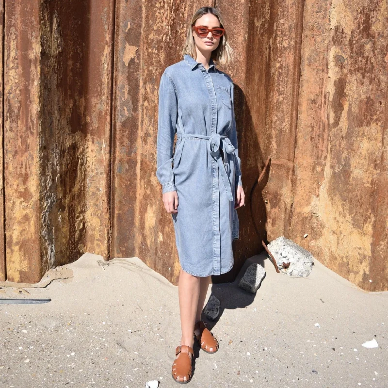 Tiered satin dress-Denim Shirt Dress [Final Sale]