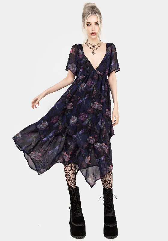 Bow-tie wrap dress-Dragonfly Floral Print Chiffon Handkerchief Hem Dress