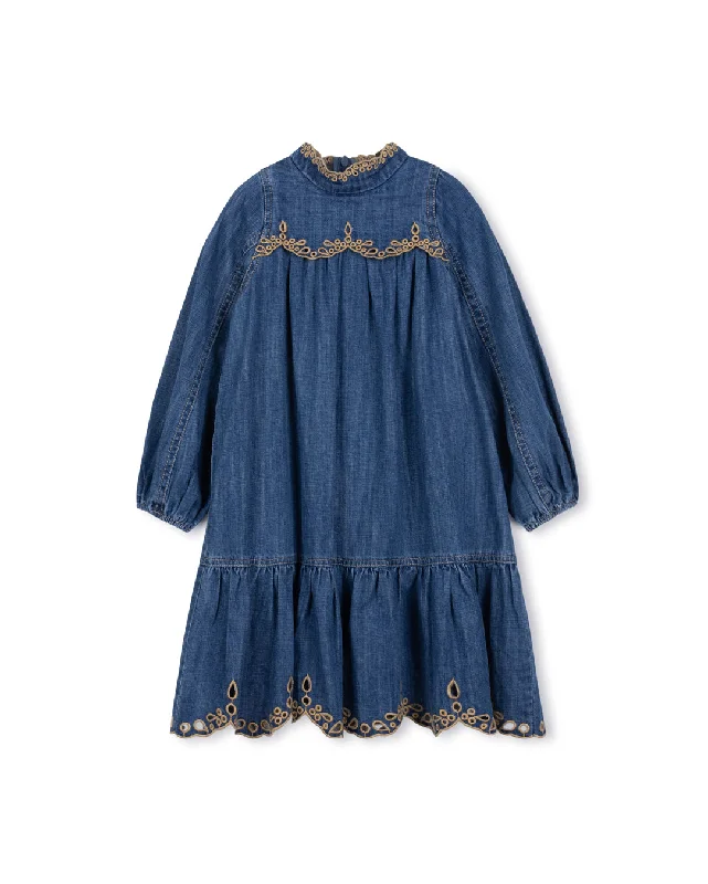 Velvet party dress-Embroidered Eyelet Denim Dress