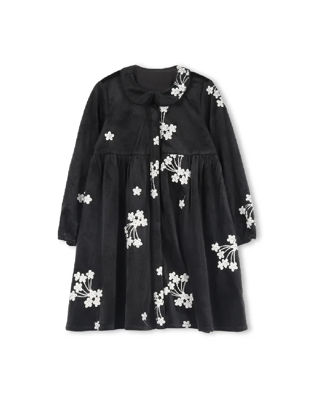 Short sleeve party dress-Embroidered Floral Velvet Button Down Dress