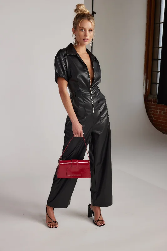 Velvet party dress-Erika Black Leather Jumpsuit