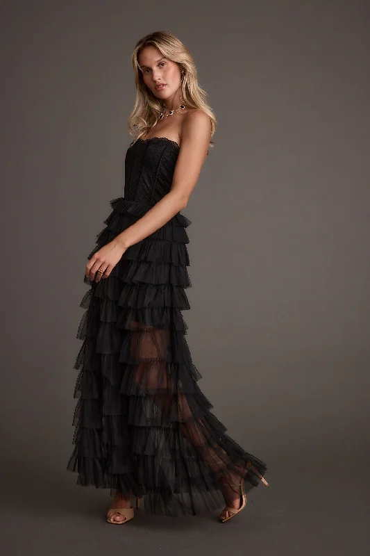 Floral party dress-Esme Black Tulle Strapless Maxi Dress