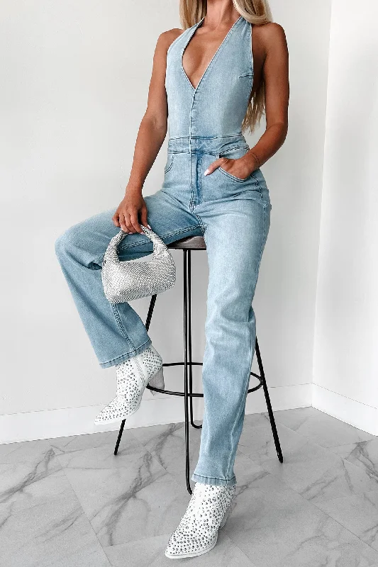 Ruched party dress-Eyes Over Here Halter Denim Jumpsuit (Blue)