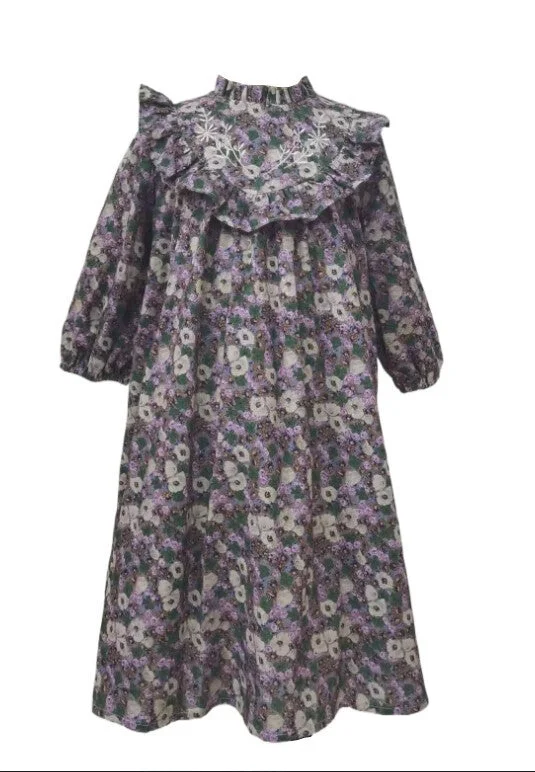 Pleated skater dress-Floral Printed Linen Embroidery Dress