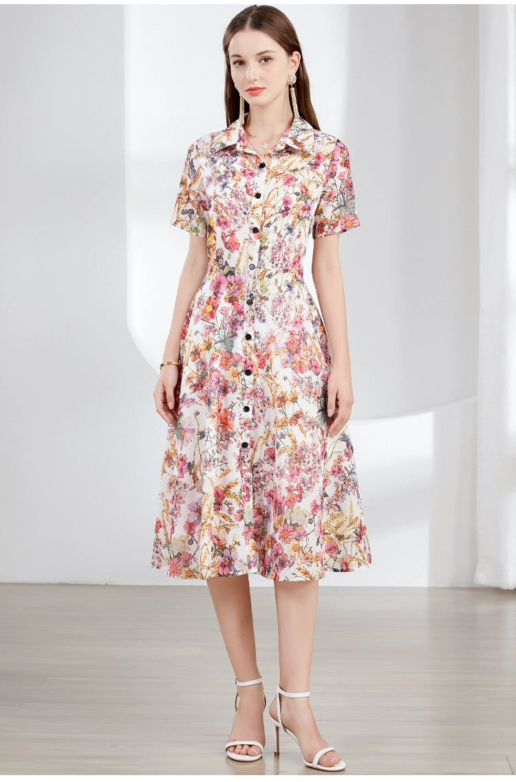 Silk evening dress-FLORAL SHIRT DRESS