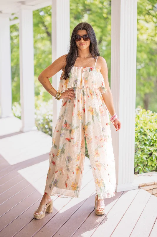 Short sleeve skater dress-Chic Floral Peach Flowy Jumpsuit