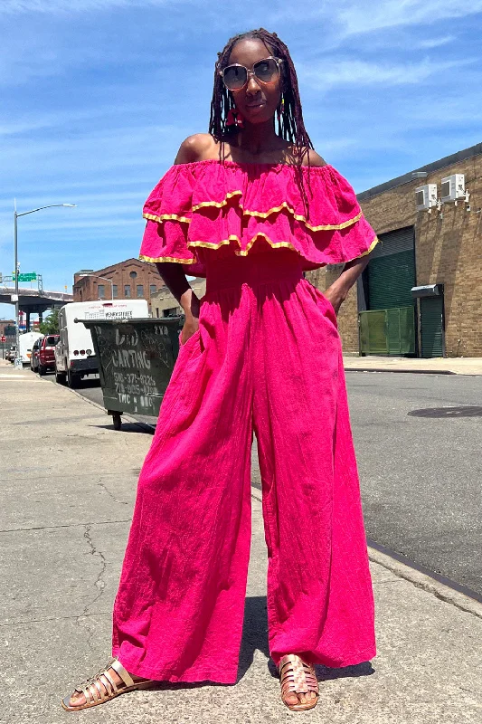 Tiered party dress-Fuchsia Fiesta Ruffled Jumpsuit M-XL