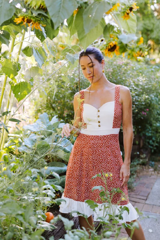 Beige cocktail dress-Gemma Dress in Rust Floral and Oat