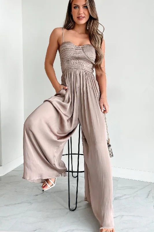 Short sleeve party dress-Graceful Finesse Satin Wide Leg Jumpsuit (Mocha)