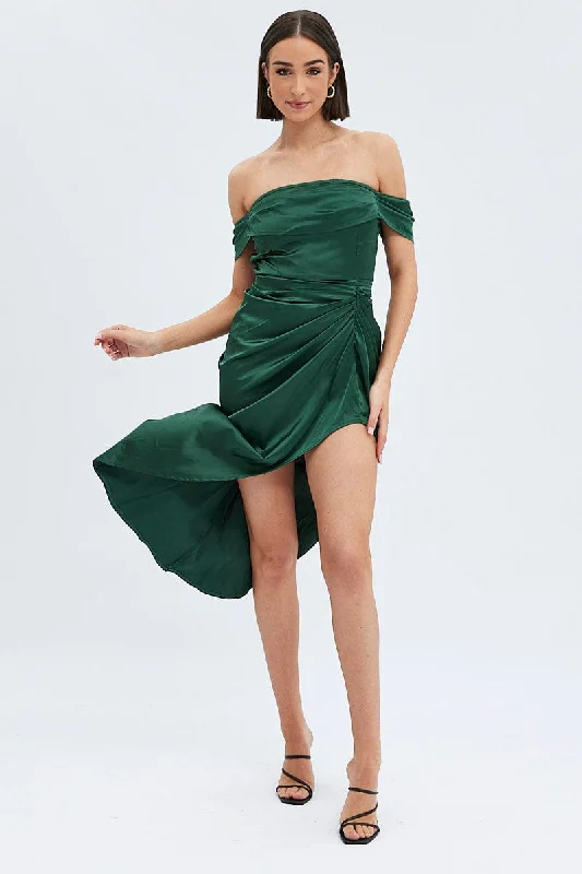 Halter neck skater dress-Green Dress Bardot Draped Satin