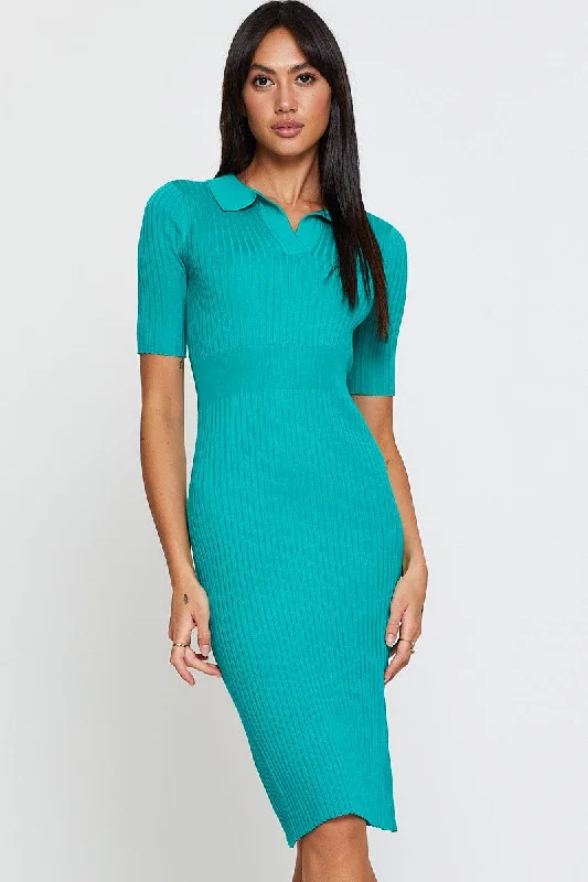 Smocked skater dress-Green Dress Short Sleeve Midi Collared Knit