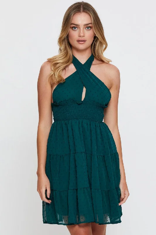 Floral skater dress-Green Fit And Flare Dress Sleeveless Halter Neck