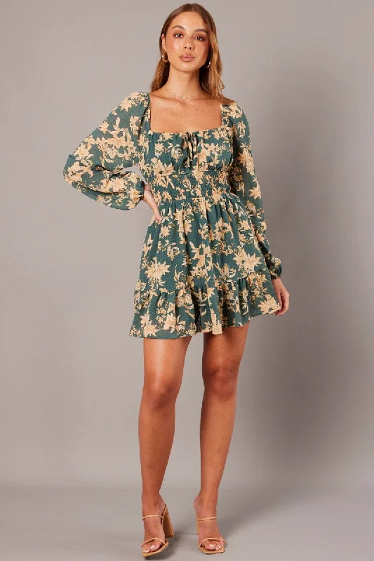 Fringe party dress-Green Floral Fit and Flare Dress Long Sleeve Ruched Bust