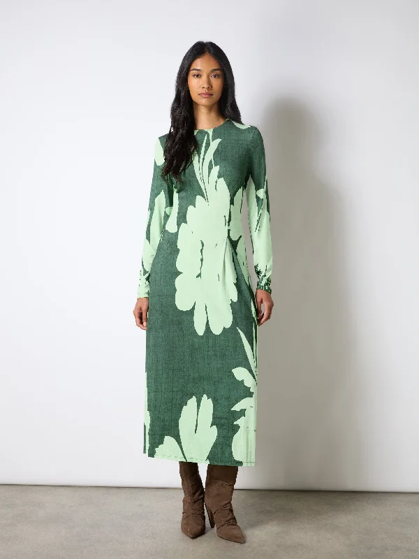 Peplum sundress-Green Floral Print Jersey Ruched Front Dress