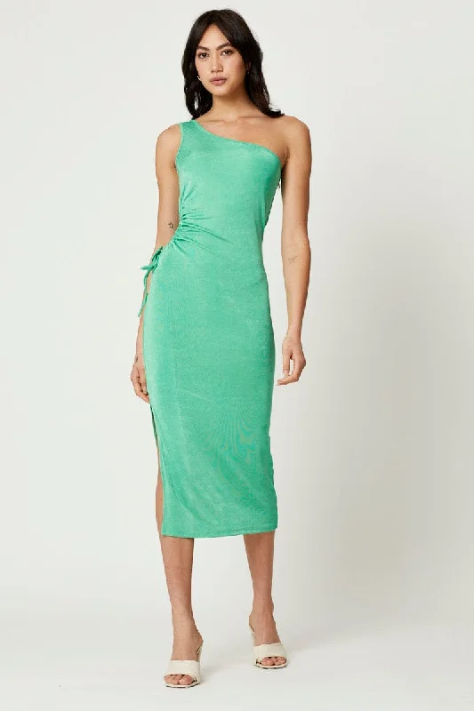 Off-shoulder skater dress-Green Midi Dress One Shoulder Evening