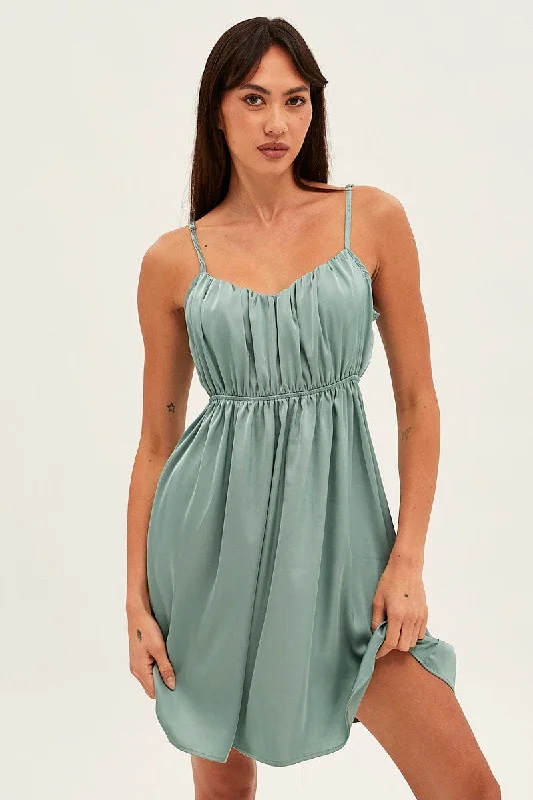 Velvet skater dress-Green Nightie Sleeveless Scoop Necksatin Slip Dress