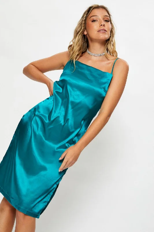 Striped party dress-Green Satin Cowl Neck Dress