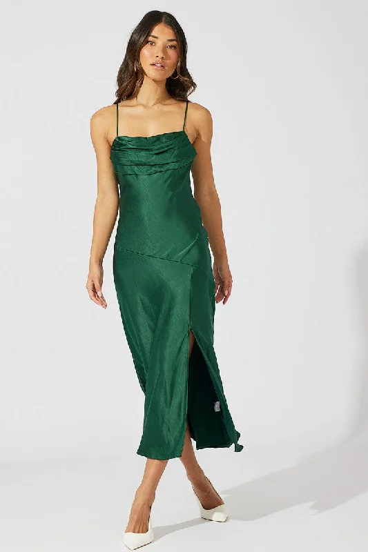 Maroon satin dress-Green Satin Dress Cocktail Split Side Strappy