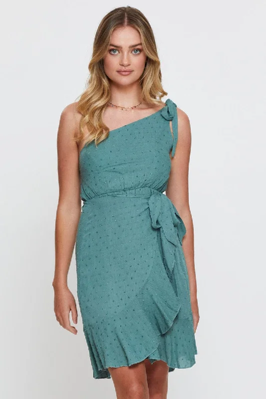 Purple cocktail dress-Green Wrap Dress One Shoulder Sleeveless