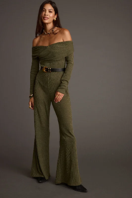 Lace party dress-Greenwich Olive Knit Off The Shoulder Jumpsuit