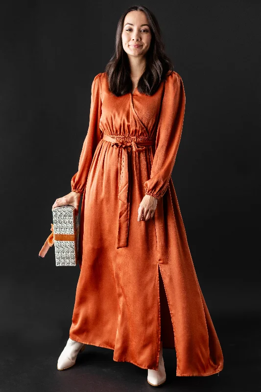 Off-shoulder party dress-'Guinevere' Brushed Satin Surplice Dress in Rust FINAL SALE