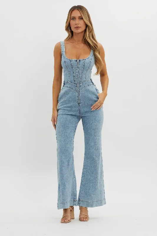 Off-shoulder party dress-Intermission Flared Leg Jumpsuit Denim