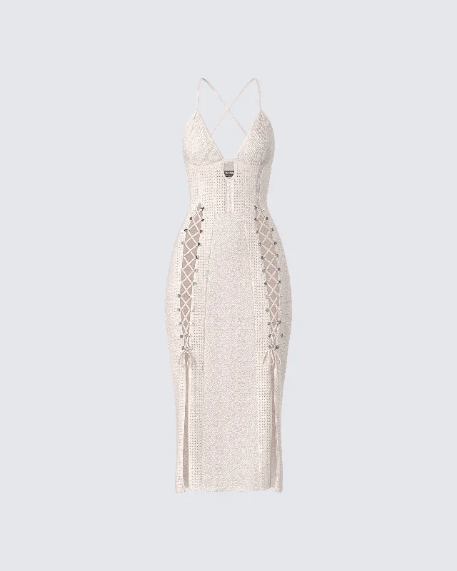 Glitter party dress-Jing Ivory Crochet Knit Midi Dress