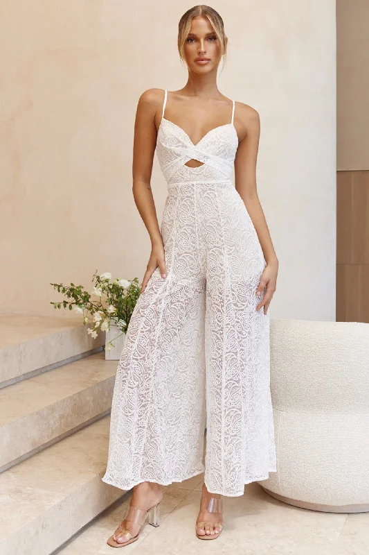 One-shoulder midi dress-Just Like Heaven Crossover Bust Wide Leg Lace Jumpsuit White