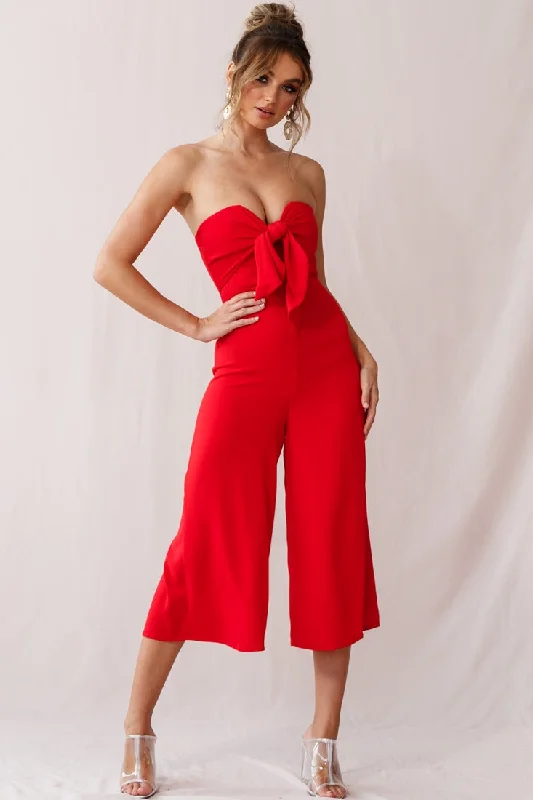 Silk evening dress-Khloe Summer Bow Tie Jumpsuit Red