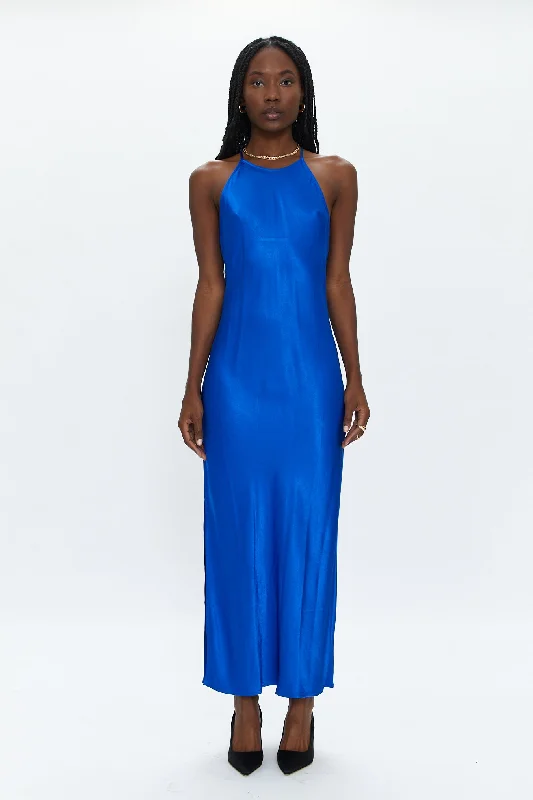 Tiered satin dress-Kristi Halter Slip Dress - Cobalt